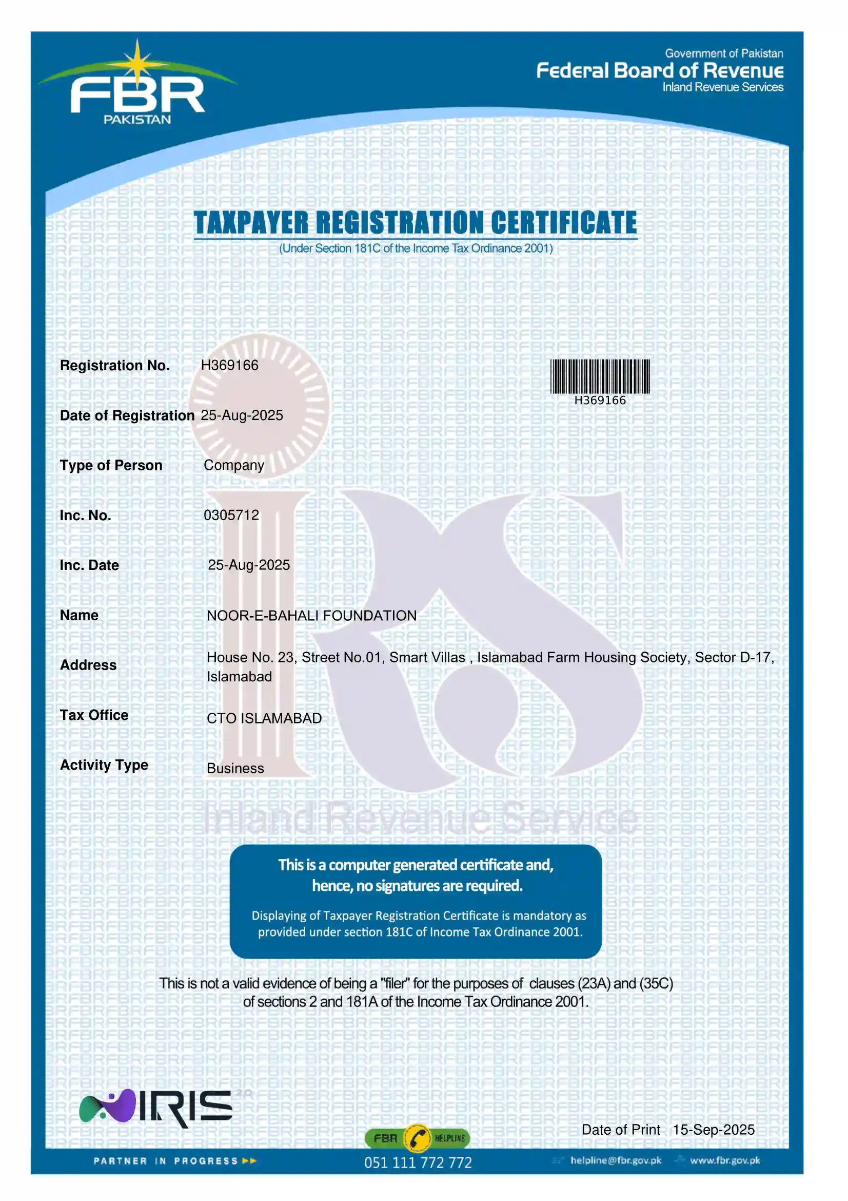 FBR Tax Certificate